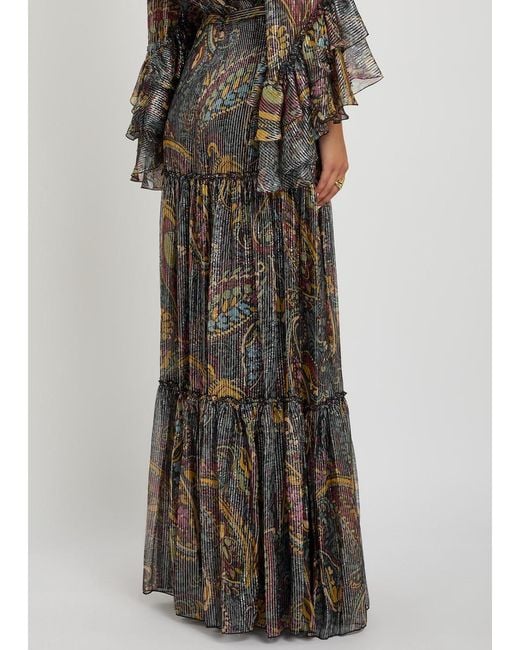 Etro Multicolor Printed Tiered Metallic Silk Midi Skirt