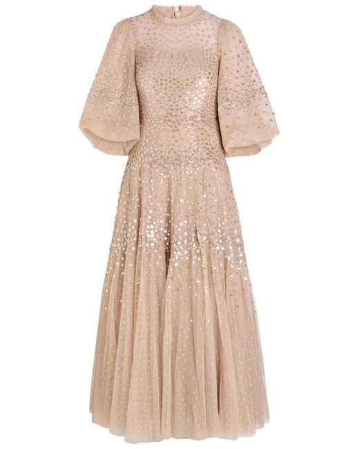 Needle & Thread Natural Sequin-Embellished Tulle Gown