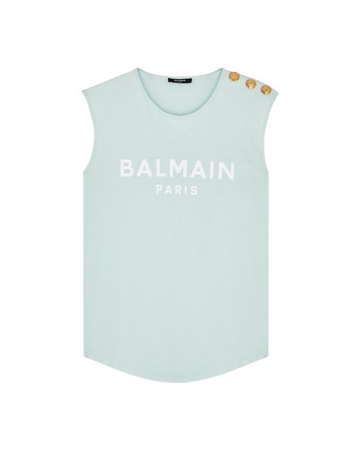 Balmain Blue Mint Logo Cotton Tank