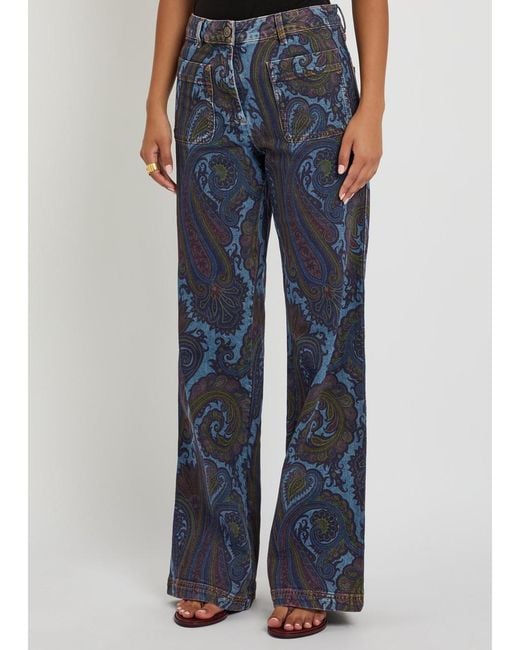 Etro Blue Paisley-Print Wide-Leg Jeans
