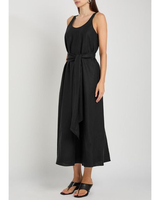 Another Tomorrow Black Belted Linen Midi Dress