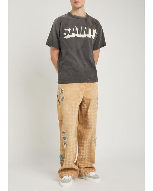 SAINT Mxxxxxx Gray Alpha Logo-Print Distressed Cotton T-Shirt for men