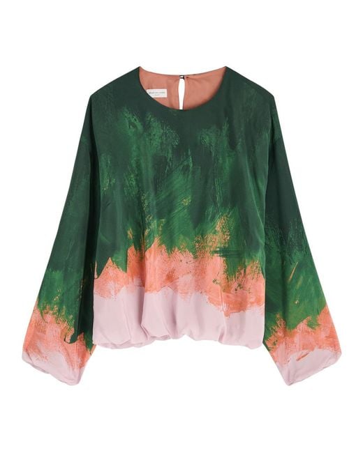 Dries Van Noten Green Printed Balloon-Sleeve Silk Blouse