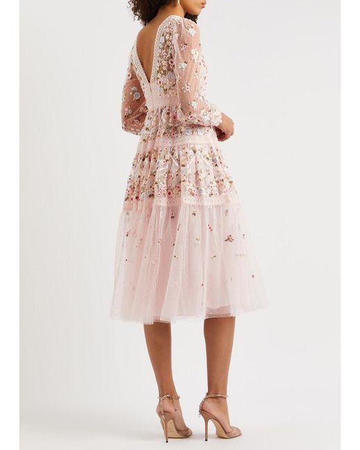 Needle & Thread Pink Garland Floral-embroidered Tulle Midi Dress
