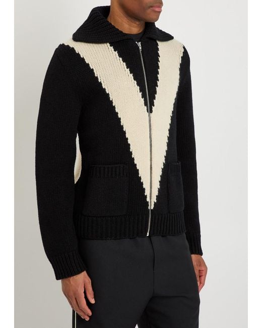Valentino Garavani Black Logo-Intarsia Wool Cardigan for men