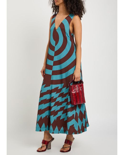 Dries Van Noten Blue Dea Patterned Chevron Silk-Blend Maxi Dress