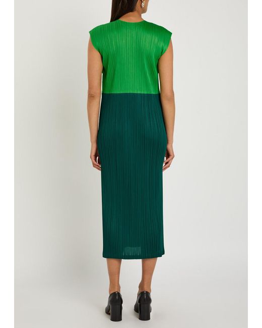 Pleats Please Issey Miyake Green Pleated Woven Midi Dress