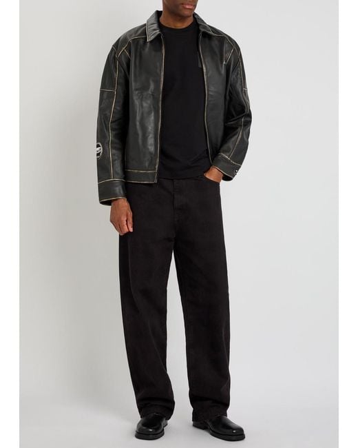 AN-Y1 Black Track Embroidered Leather Biker Jacket for men