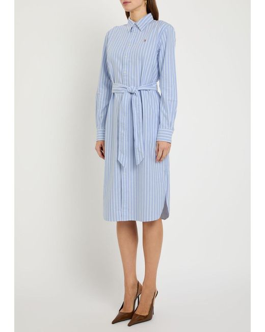 Polo Ralph Lauren Blue Striped Belted Cotton Midi Shirt Dress