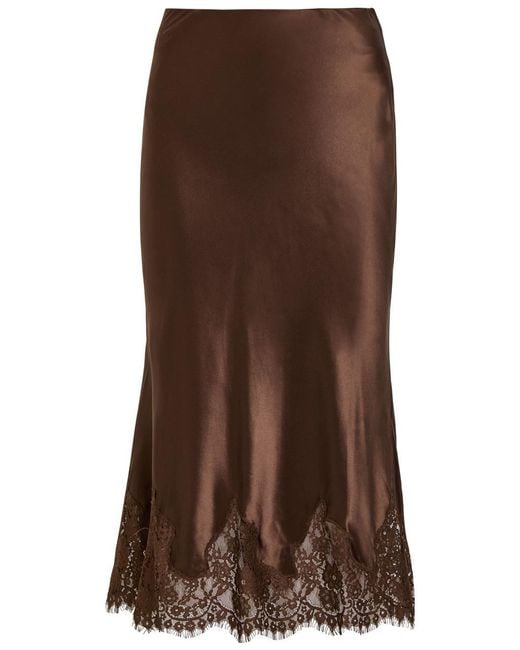 Reformation Brown Carolina Lace-Trim Silk Skirt