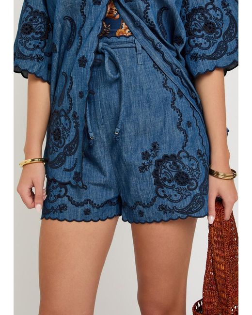 Zimmermann Blue Aster Embroidered Belted Denim Shorts