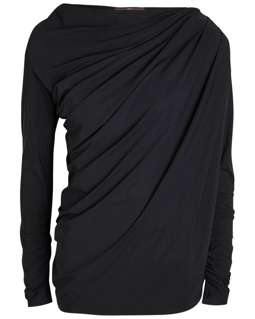 High Black Aslant Draped Stretch-Jersey Top