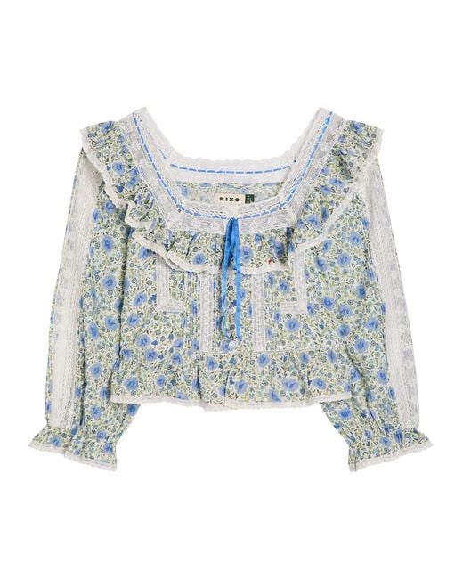 Rixo Blue Oceana Floral-Print Ruffled Cotton Blouse
