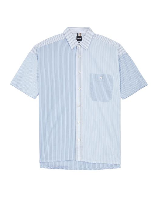 Boss Blue Patchwork Striped Cotton Shirt for men