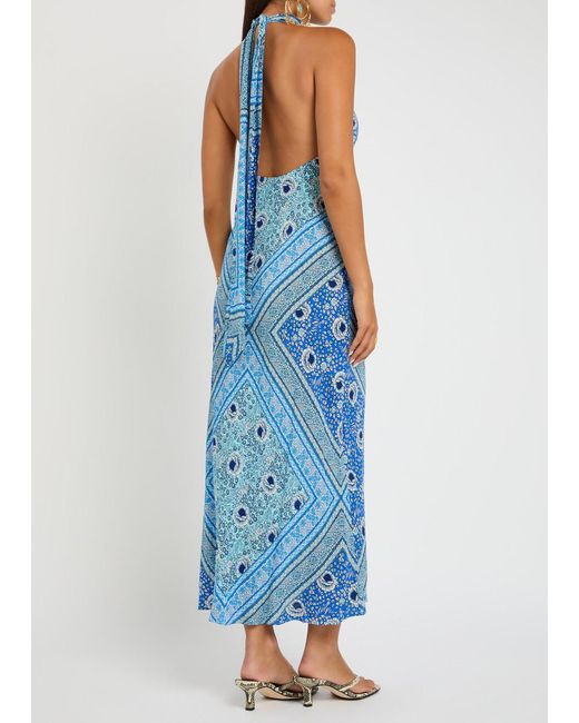 Rixo Blue Maura Patterned Halter-Neck Chiffon Midi Dress