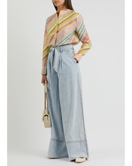 Zimmermann Blue Belted Wide-Leg Chambray Trousers