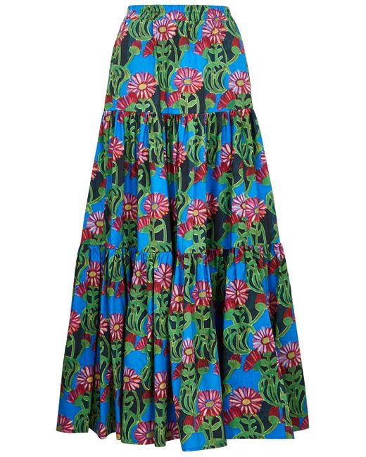 LaDoubleJ Blue Big Floral-print Cotton Maxi Skirt