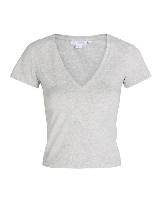 GOOD AMERICAN Gray V-Neck Stretch-Cotton T-Shirt