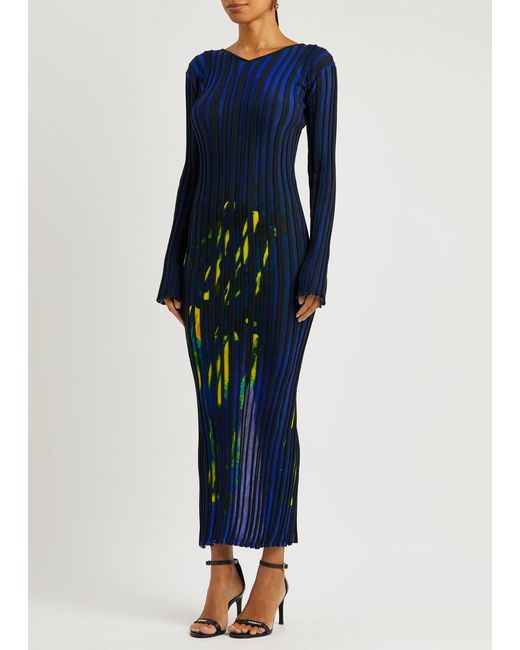 Louisa Ballou Blue Printed Ribbed Wool Maxi Dress