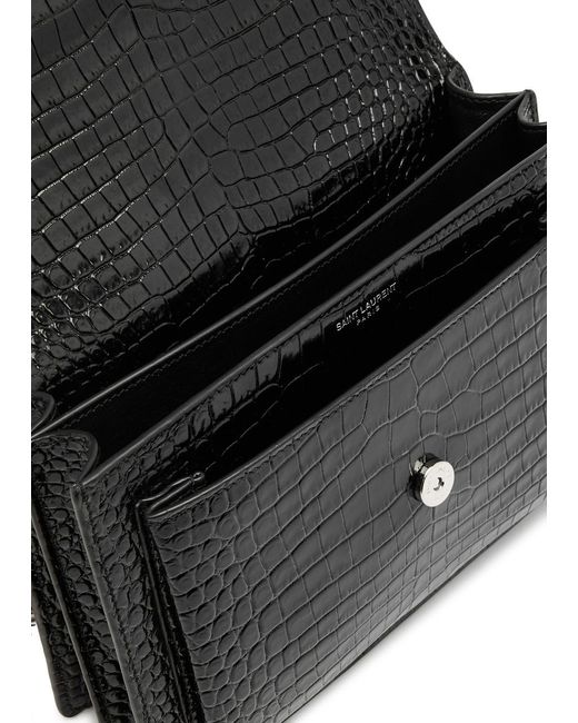 Saint Laurent Black Sunset Medium Crocodile-Effect Leather Shoulder Bag