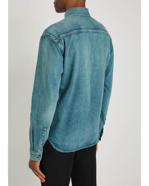 Saint Laurent Blue Logo-Embroidered Faded Denim Shirt for men