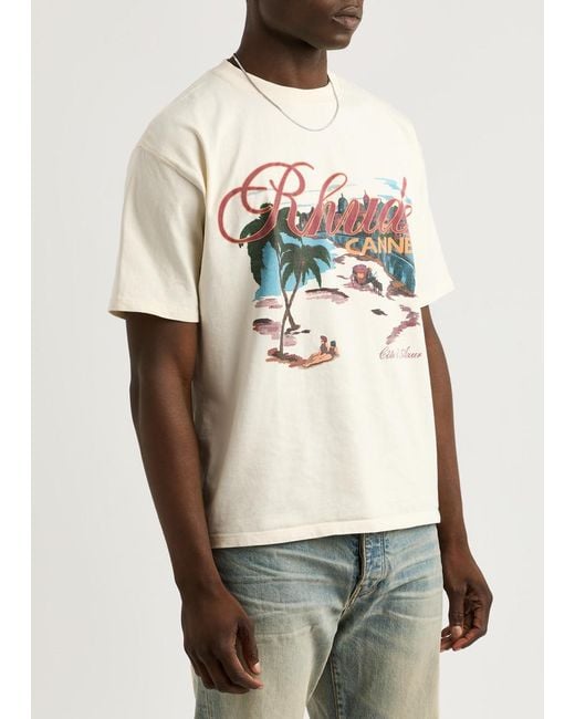 Rhude White Cannes Beach Printed Cotton T-Shirt for men
