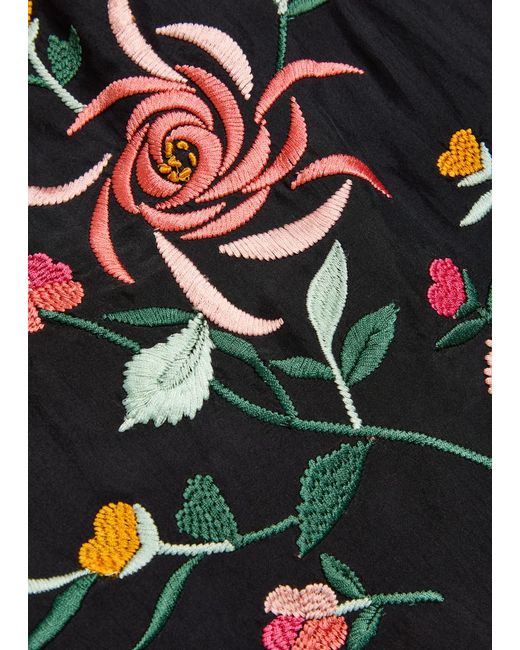 Rixo Blue Nicolina Floral-Embroidered Silk Top