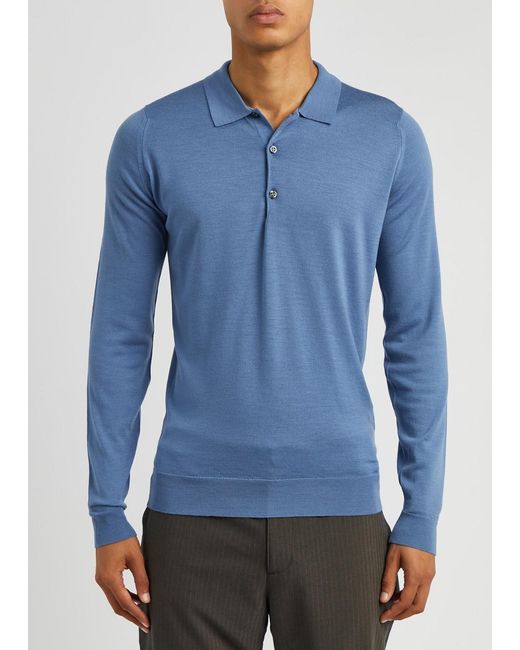 John Smedley Blue Belper Wool Polo Shirt for men