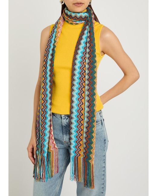 Missoni Blue Zigzag Fringed Fine-Knit Scarf