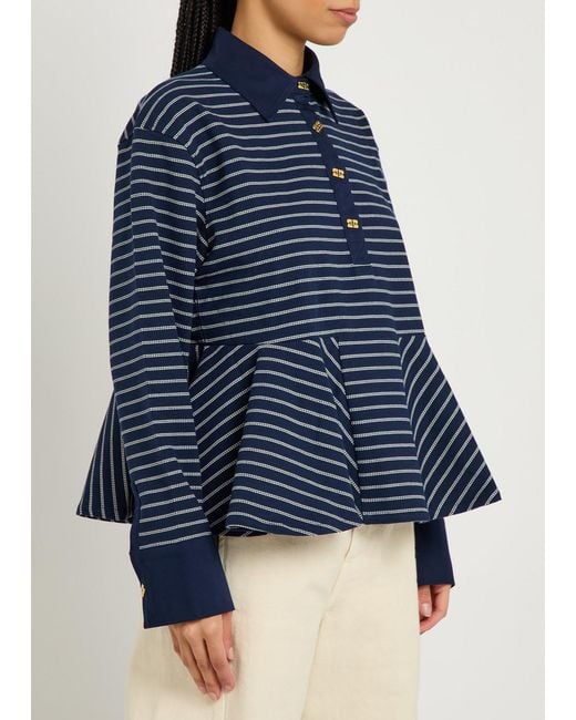 Ganni Blue Striped Peplum Piqué Cotton Polo Shirt
