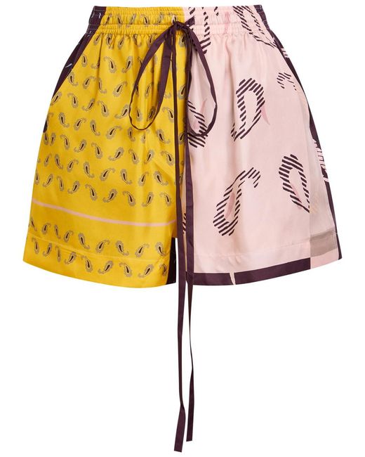 Otzio Yellow Printed Silk Shorts