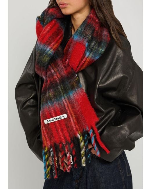 Acne Red Tartan Fringed Mohair-Blend Scarf