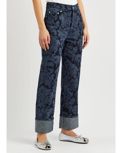 Alexander McQueen Blue Damask Floral-Print Straight-Leg Jeans