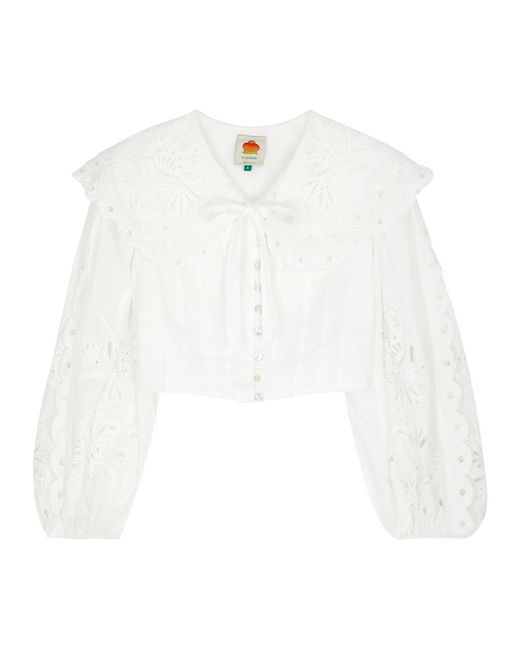 Farm Rio White Richelieu Cropped Cotton Blouse, Dress, Pintuck Details