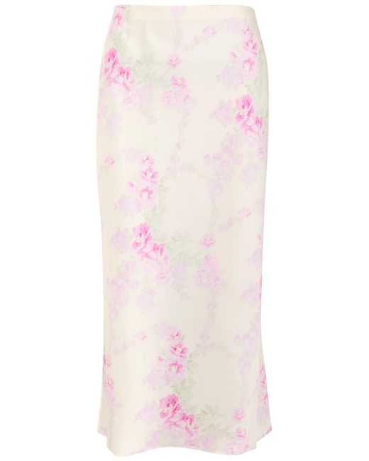 LoveShackFancy Pink Castle Floral-Print Satin Midi Skirt
