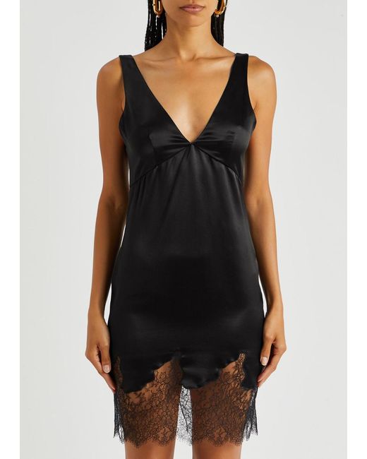 Saint Laurent Black Lace-trimmed Silk-satin Mini Dress