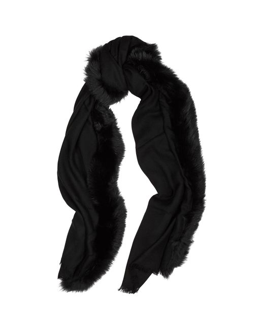 AMA Pure Black Fur-Trimmed Wool Scarf