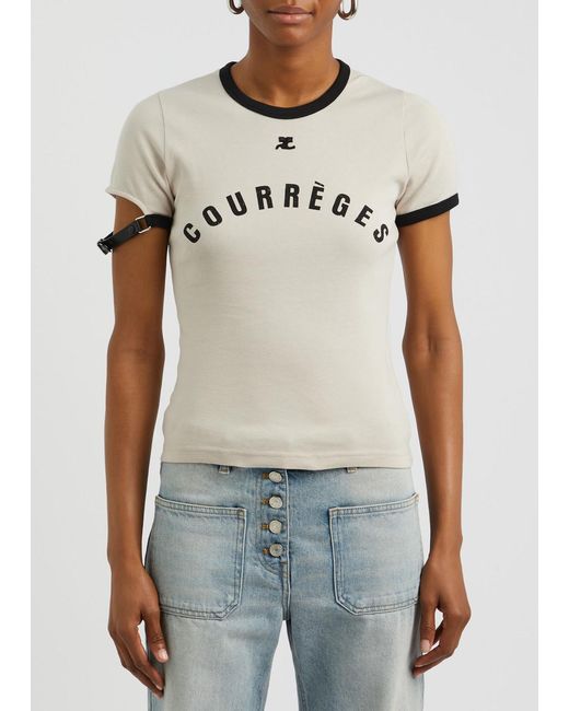 Courreges Natural Buckle-Embellished Logo Cotton T-Shirt