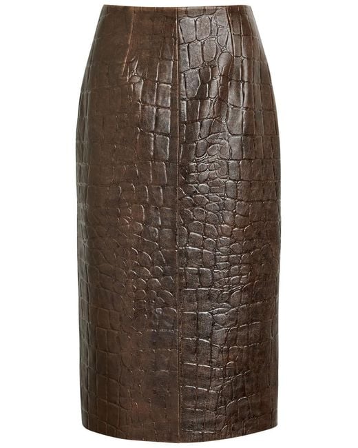 Emilia Wickstead Brown Loretta Crocodile-Effect Leather Midi Skirt