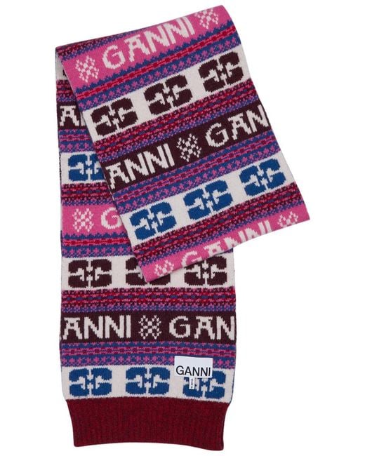 Ganni Red Striped Logo-intarsia Wool-blend Scarf