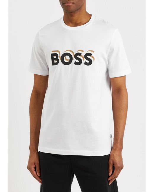 Boss White Logo-Print Cotton T-Shirt for men