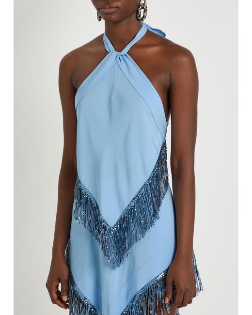Rabanne Blue Fringed Chains Asymmetric Woven Top