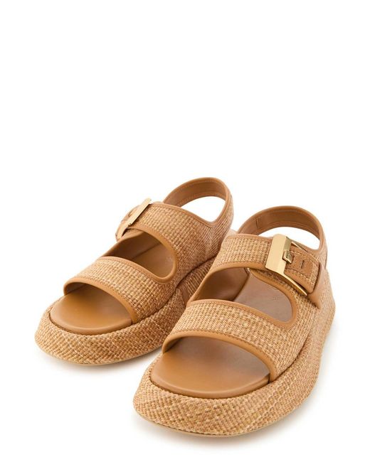 Tod's Brown Sandalo Leather-Trim Raffia Flatform Sandals