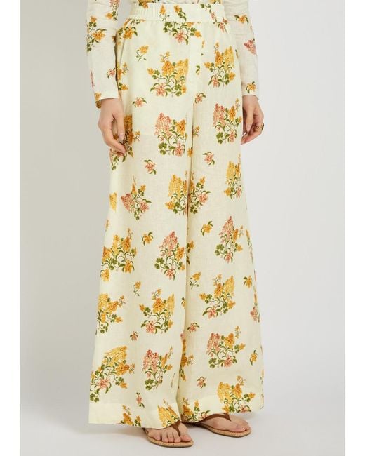 Agua Bendita Metallic Tota Floral-Print Linen Trousers