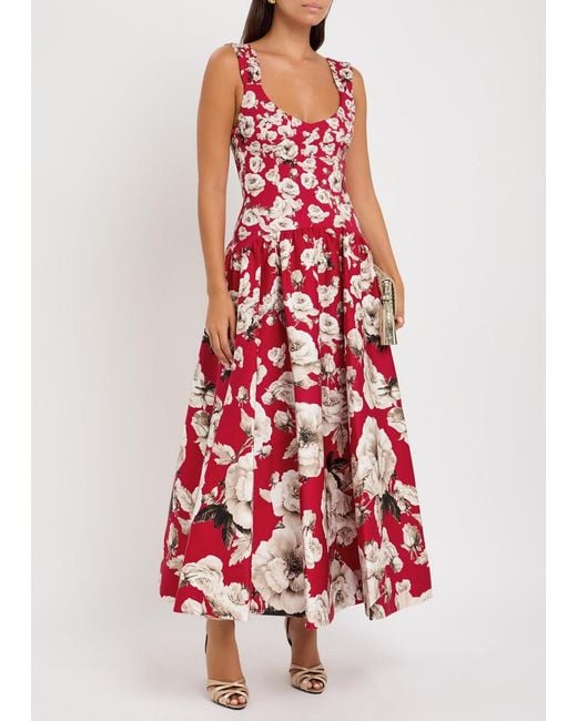 Alice + Olivia Red Oriana Floral-Print Stretch-Cotton Maxi Dress