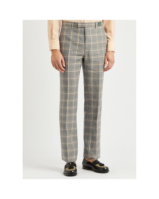 Gucci Gray Checked Linen And Wool-Blend Trousers for men