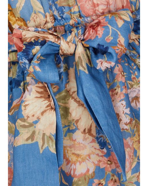 Zimmermann Blue August Floral-Print Linen Mini Dress