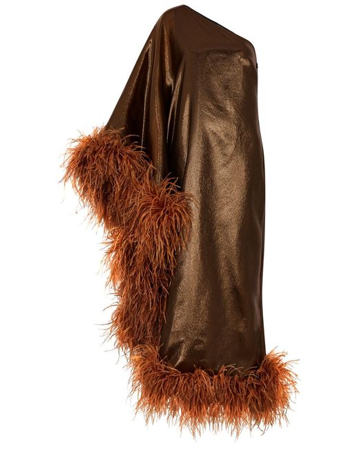 ‎Taller Marmo Brown Ubud Feather-trimmed Lamé Maxi Dress
