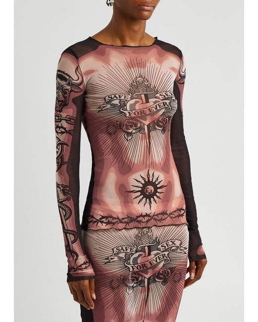 Jean Paul Gaultier Red Safe Sex Tattoo Printed Tulle Top