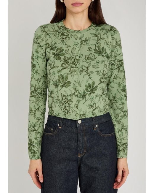 Alice + Olivia Green Carson Floral Cropped Cotton-Blend Cardigan